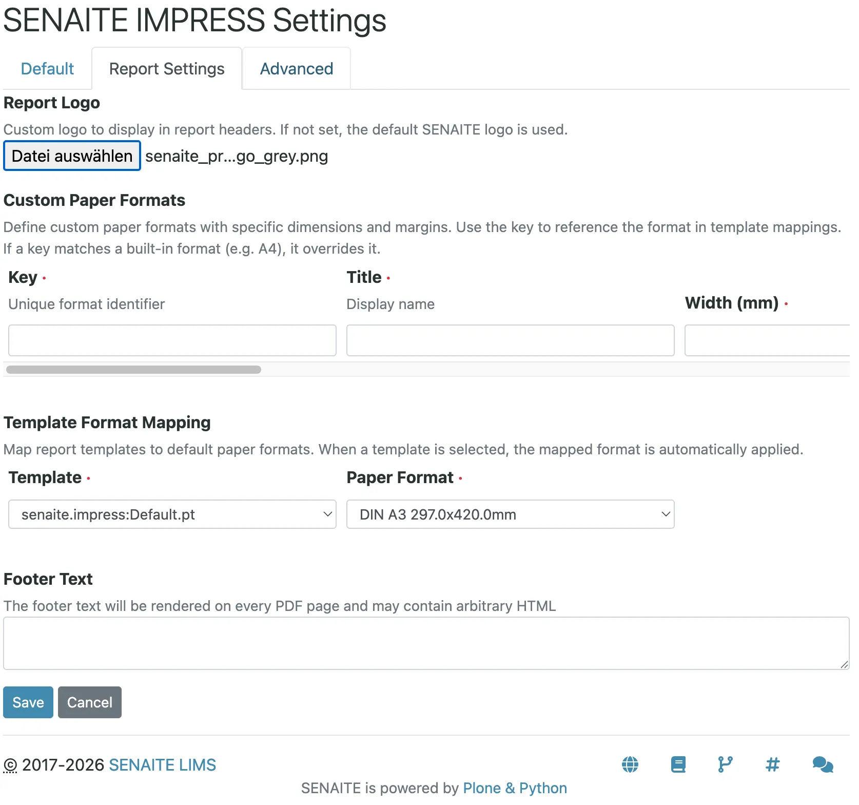 SENAITE IMPRESS Settings, Report Settings tab. The Report Logo section shows the description 'Custom logo to display in report headers. If not set, the default SENAITE logo is used.' with an uploaded file, senaite_pr...go_grey.png, next to the file picker.