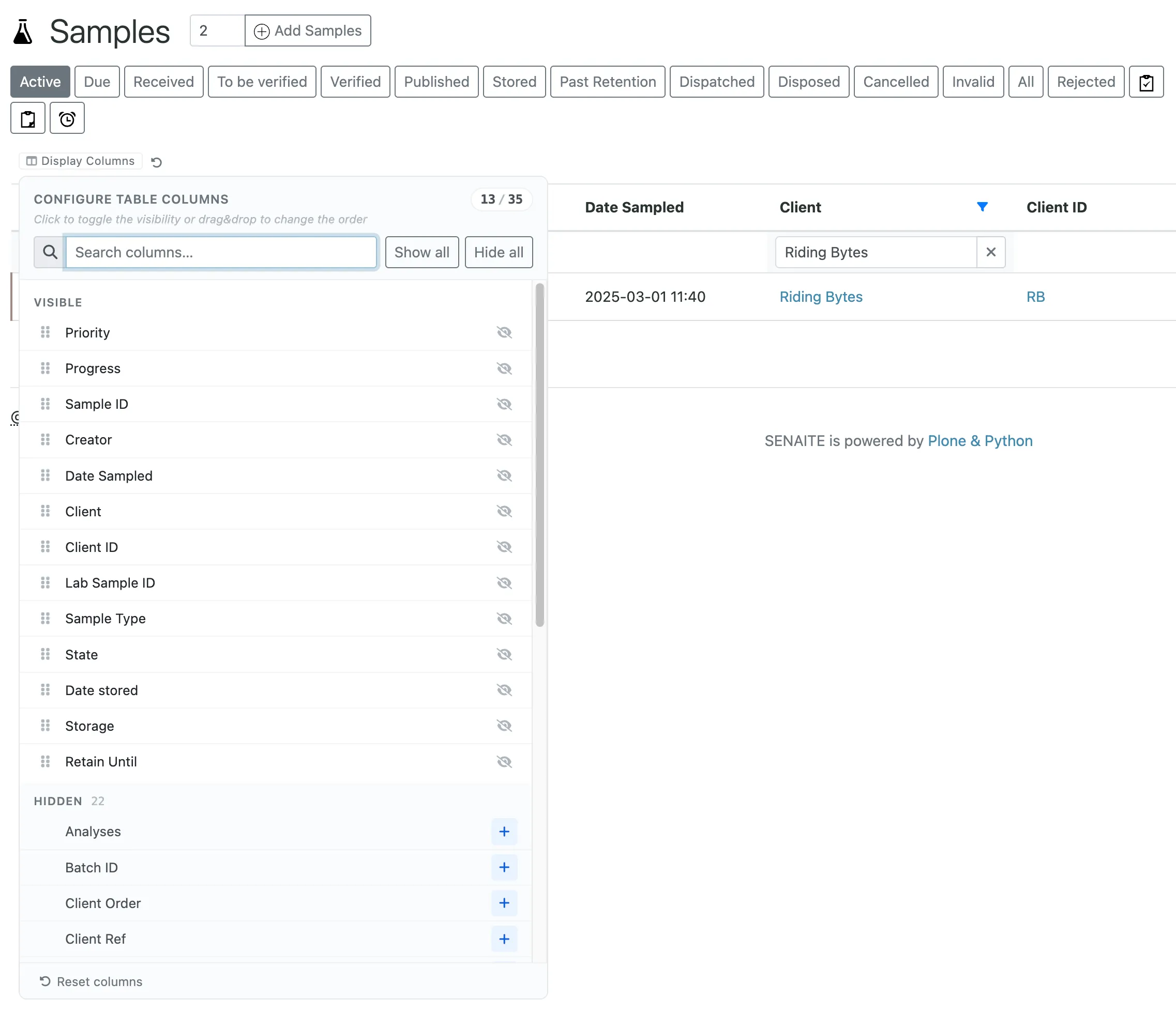 Samples listing with the CONFIGURE TABLE COLUMNS popover open. Header shows 13 of 35 columns configured. Search input, Show all and Hide all buttons. A VISIBLE section lists Priority, Progress, Sample ID, Creator, Date Sampled, Client, Client ID, Lab Sample ID, Sample Type, State, Date stored, Storage, Retain Until with drag handles and hide toggles. Below, a HIDDEN section lists 22 more columns (Analyses, Batch ID, Client Order, Client Ref) with plus buttons to restore them.