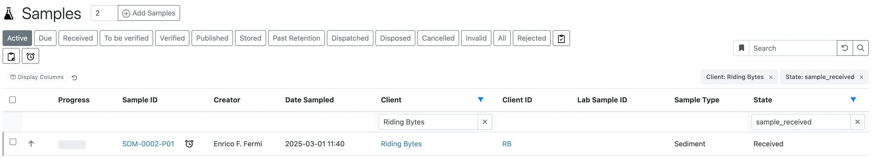 Samples listing with the review-state pill row (Active, Due, Received, To be verified, Verified, Published, Stored, Past Retention, Dispatched, Disposed, Cancelled, Invalid, All, Rejected) at the top. Below, two removable filter chips read 'Client: Riding Bytes ×' and 'State: sample_received ×'. The table shows one filtered result for sample SDM-0002-P01 with Riding Bytes / Sediment / Received.