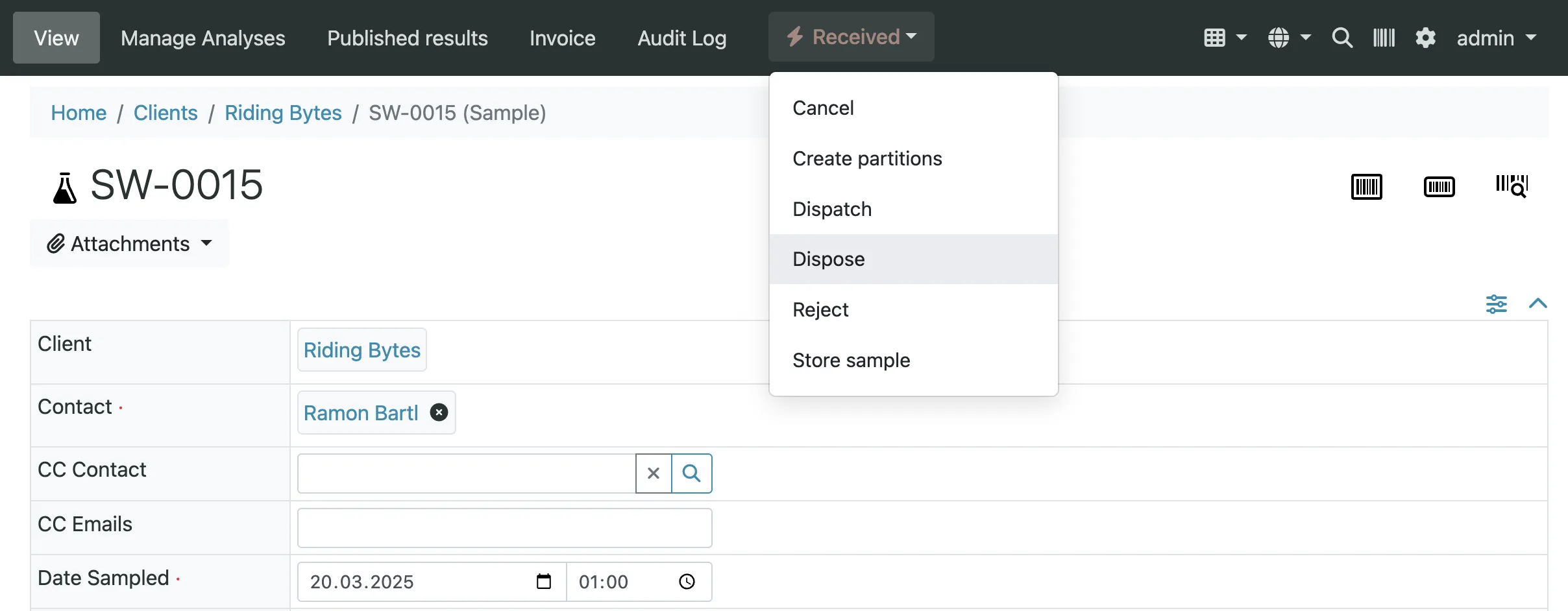 Sample SW-0015 detail view. The Received status button in the header is open as a dropdown showing the actions Cancel, Create partitions, Dispatch, Dispose (highlighted), Reject, Store sample.