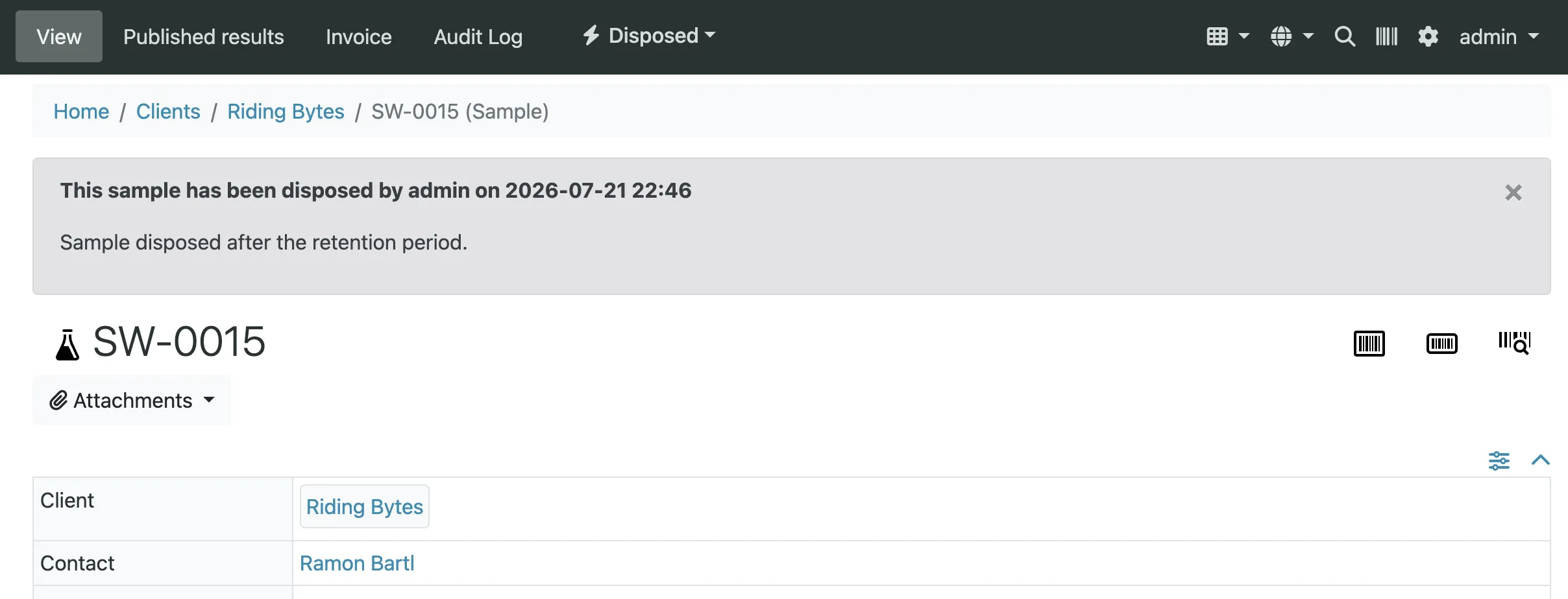 Sample SW-0015 view after disposal. A grey alert viewlet reads 'This sample has been disposed by admin on 2026-07-21 22:46' with the comment 'Sample disposed after the retention period.' The header status is Disposed.