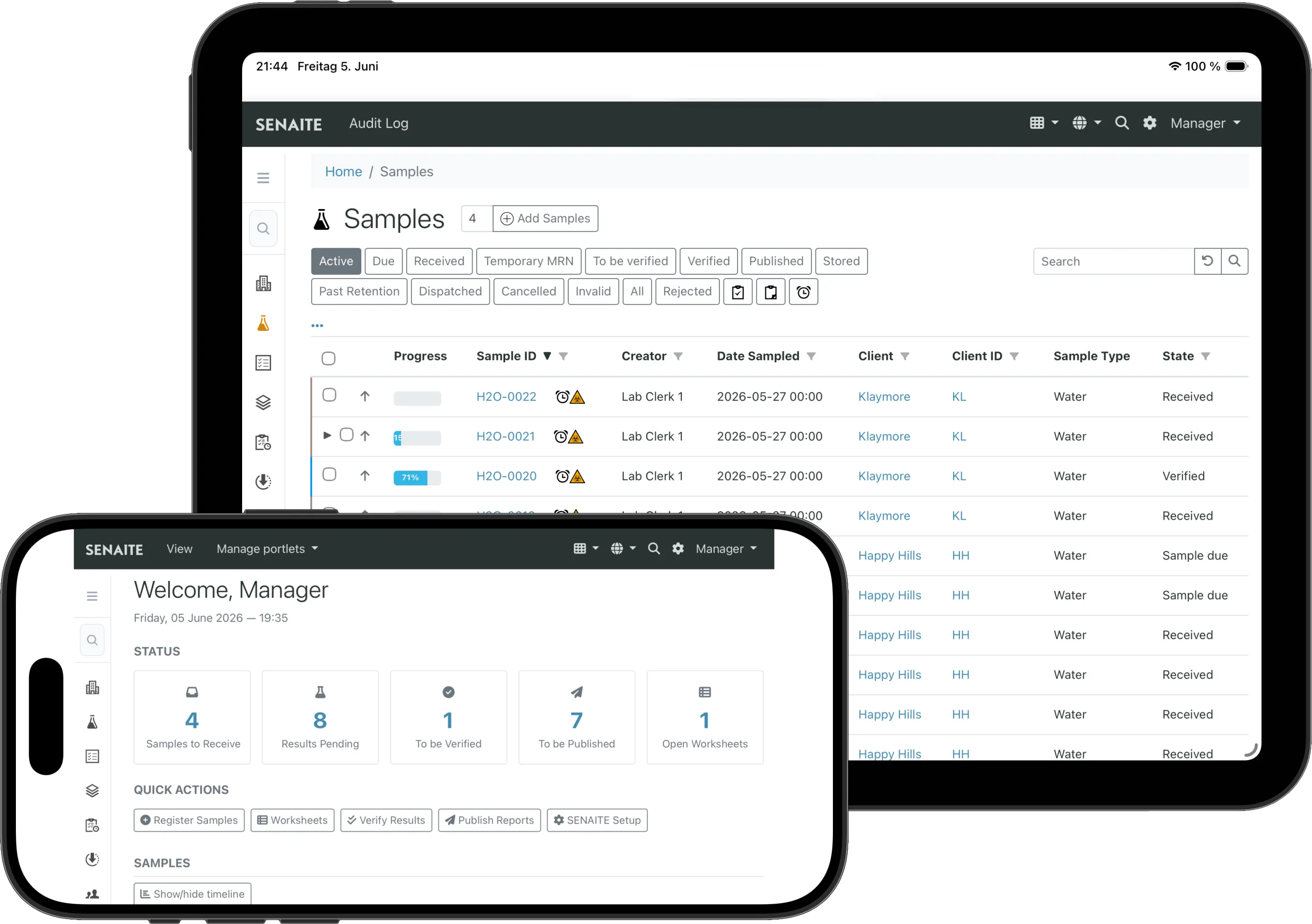 SENAITE LIMS on iPad and iPhone: sample worklist and manager dashboard