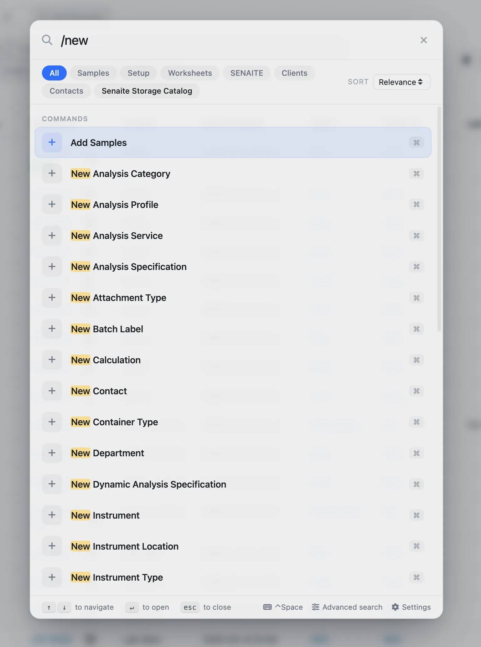 Spotlight overlay with '/new' typed in the search box. A COMMANDS section lists Add Samples, New Analysis Category, New Analysis Profile, New Analysis Service, New Analysis Specification, New Attachment Type, New Batch Label, New Calculation, New Contact, New Container Type, New Department, New Dynamic Analysis Specification, New Instrument, New Instrument Location, New Instrument Type.