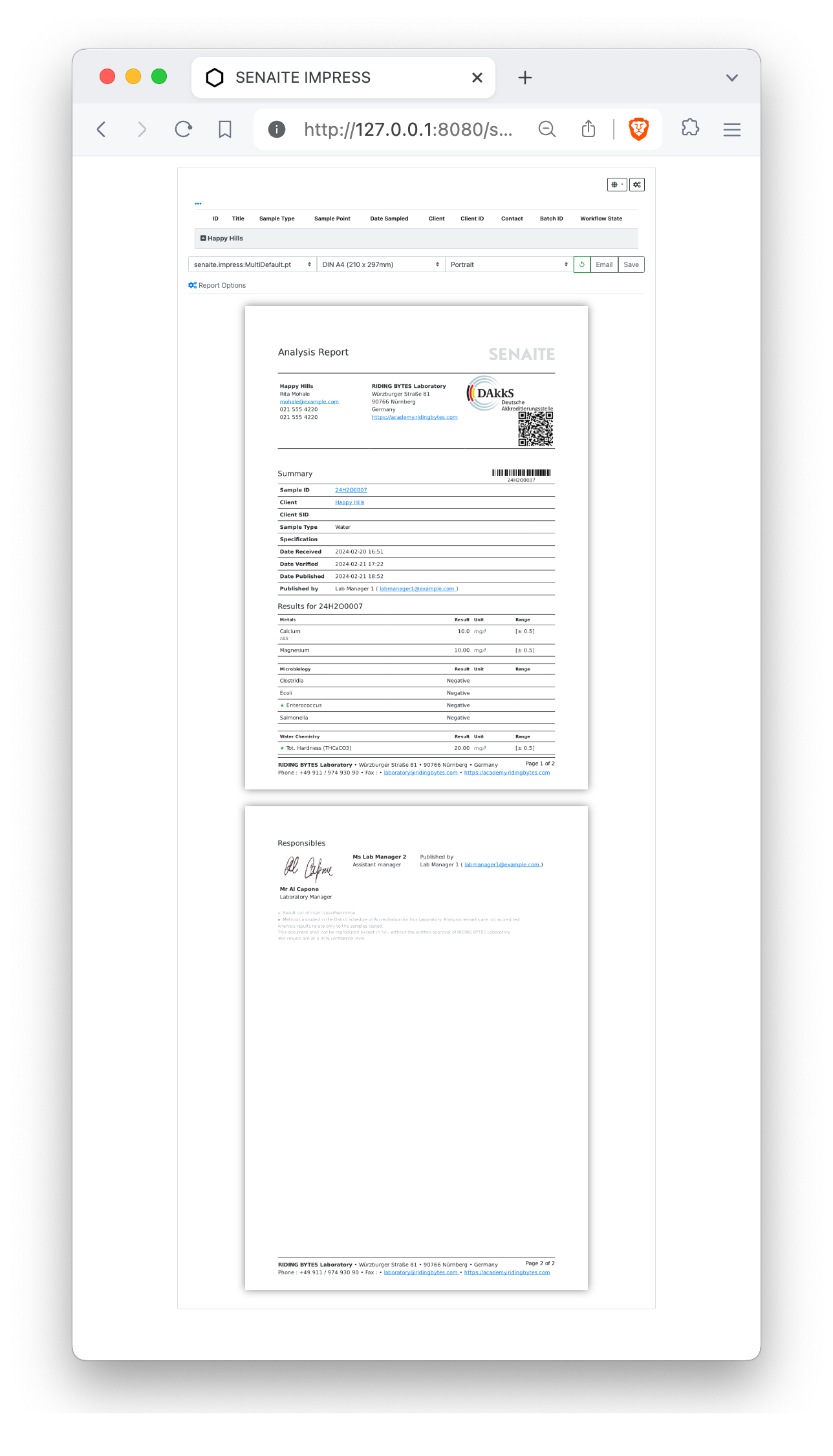 SENAITE LIMS analysis report generated with SENAITE IMPRESS