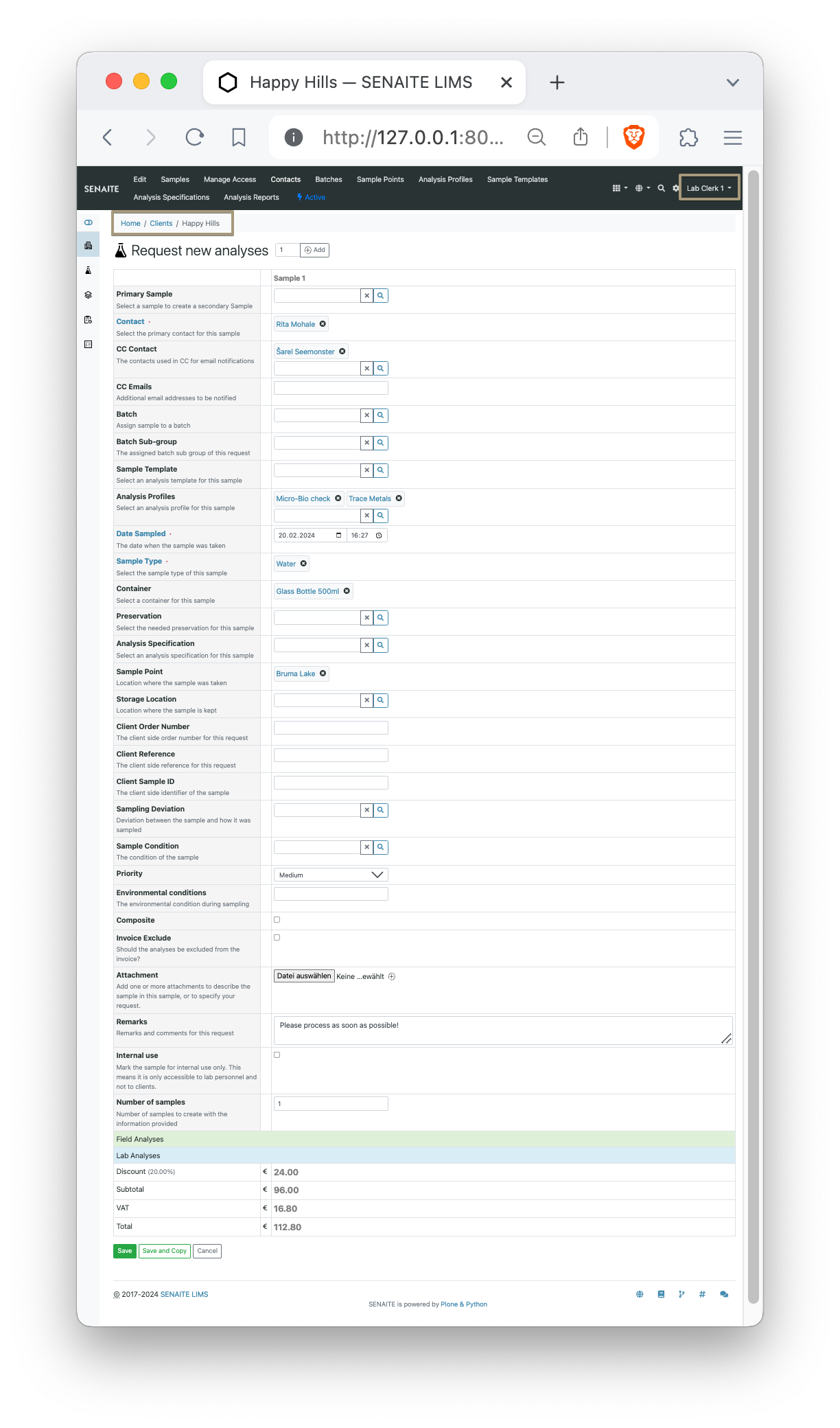 SENAITE LIMS sample registration form with analysis services